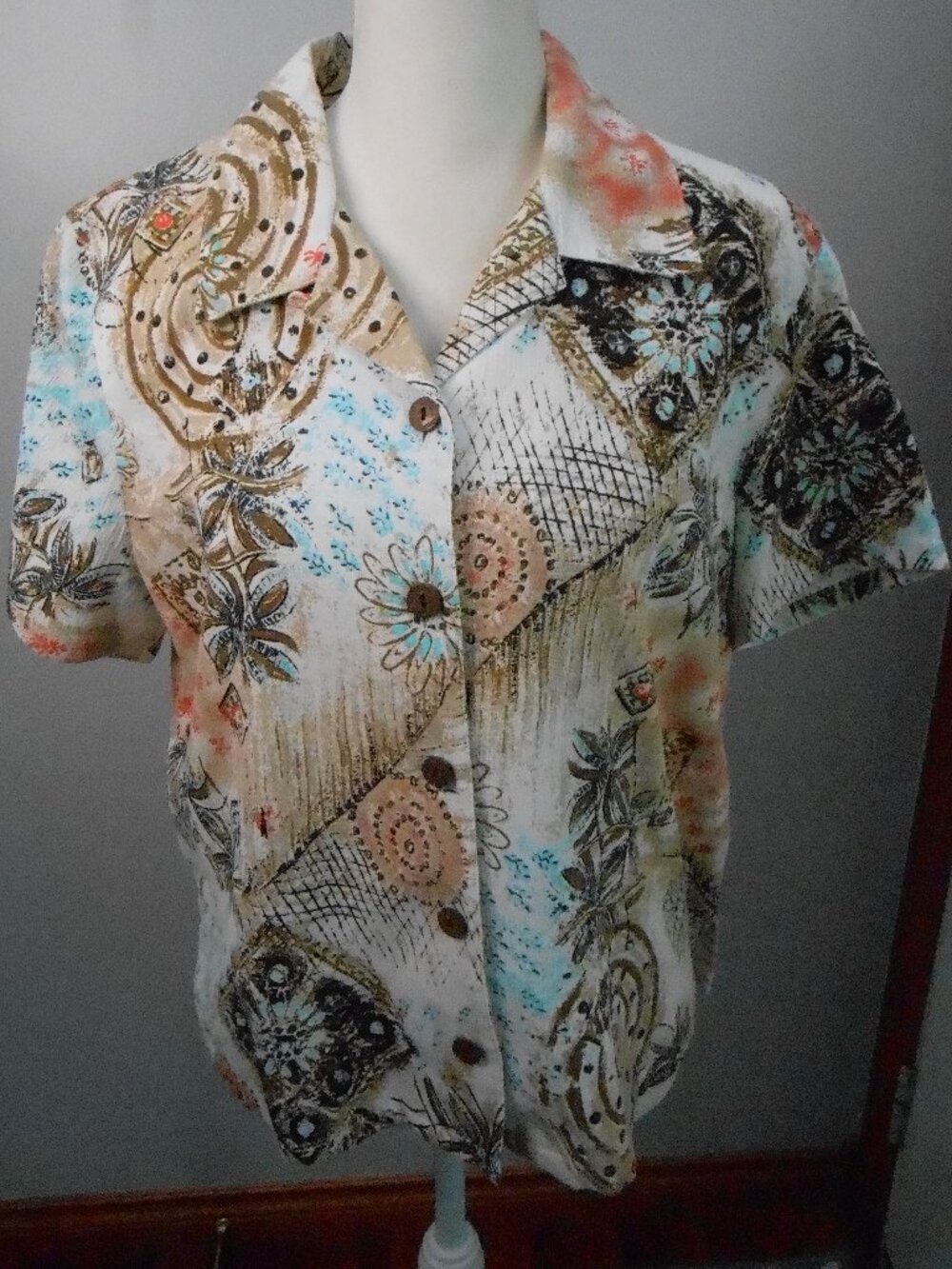 City Blues by Koret Women's Blue Brown Tan Floral Short Sleeve Blouse Size-Lg